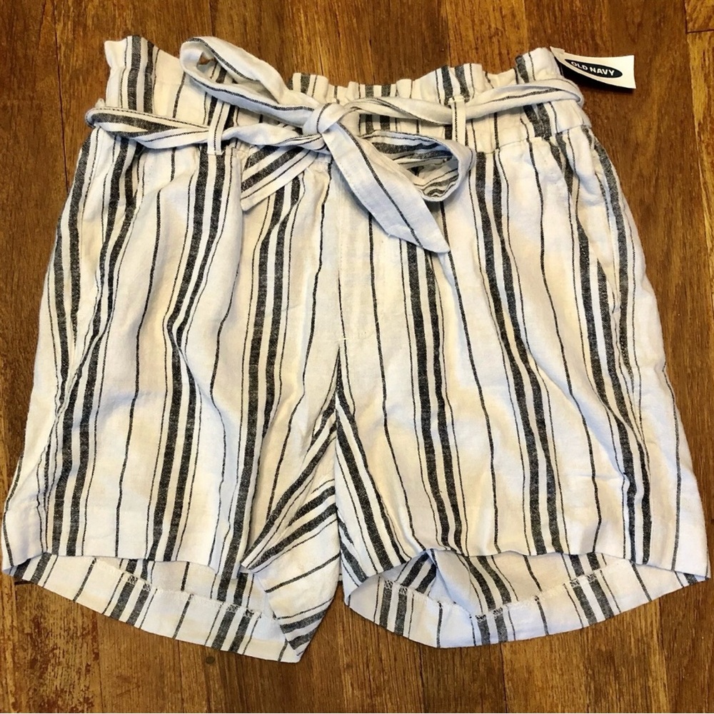 Old Navy Women's High-Waisted Tie-Belt Linen-Blend Shorts Sz 0 White Blue-Gray